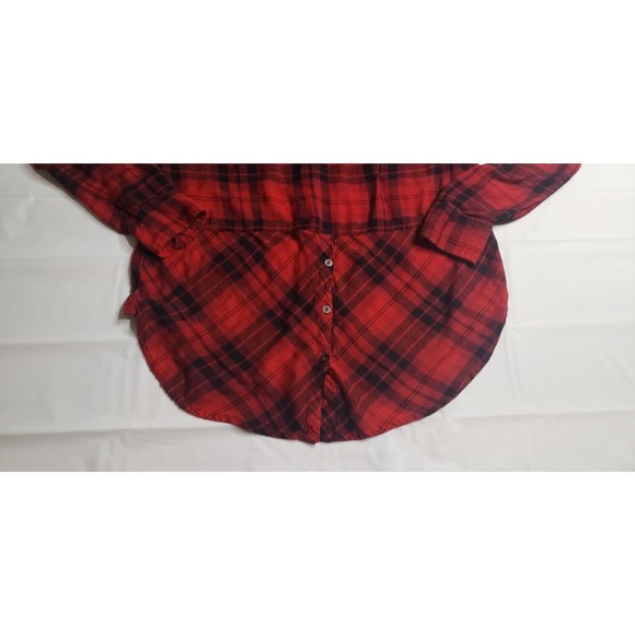 Women's Lucky Brand Red Black Buffalo Plaid Soft Button Down Split Hem Back Sz M - Picture 5 of 6